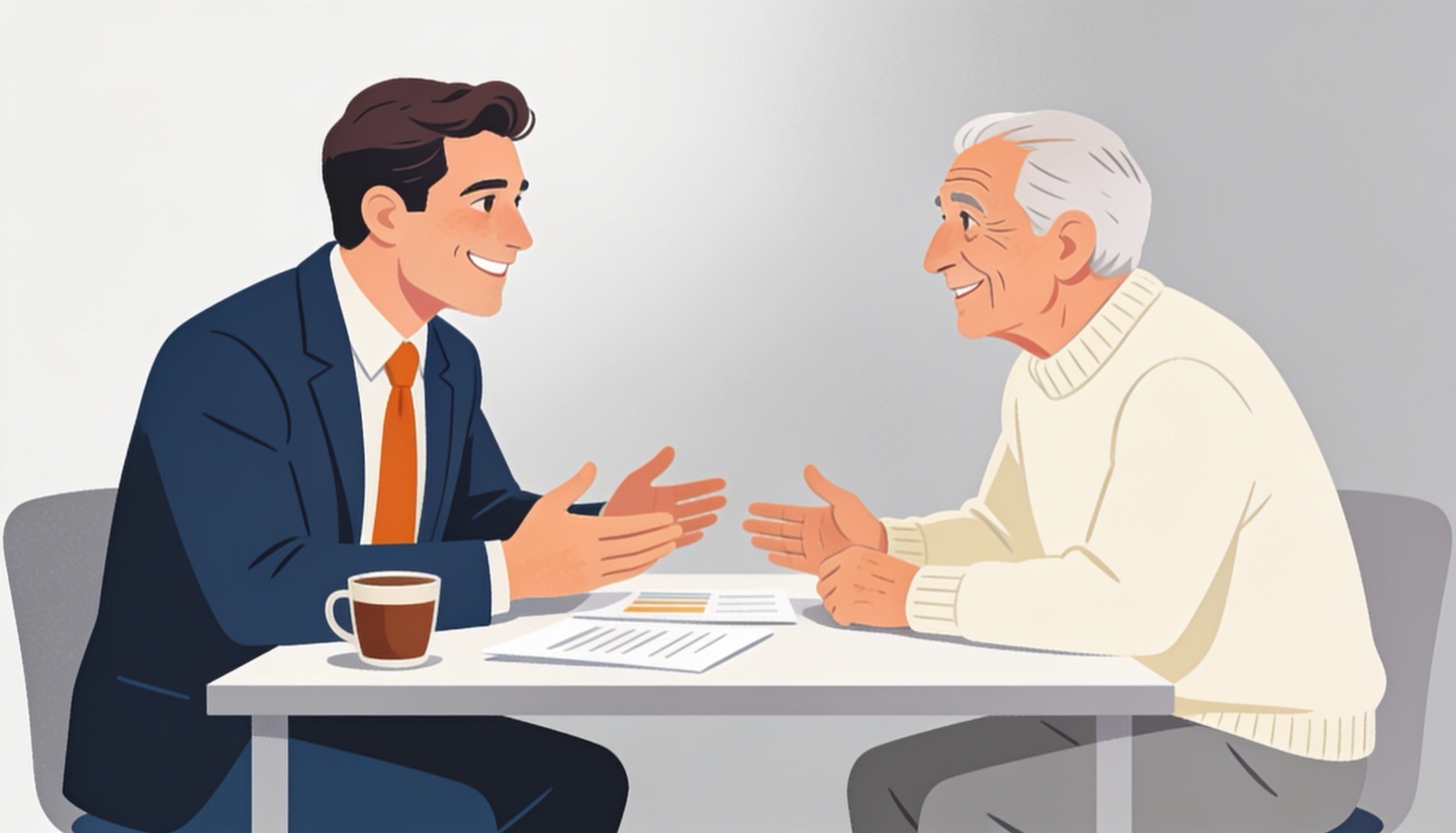 Asesor de pensiones conversando con una persona sobre su jubilación anticipada