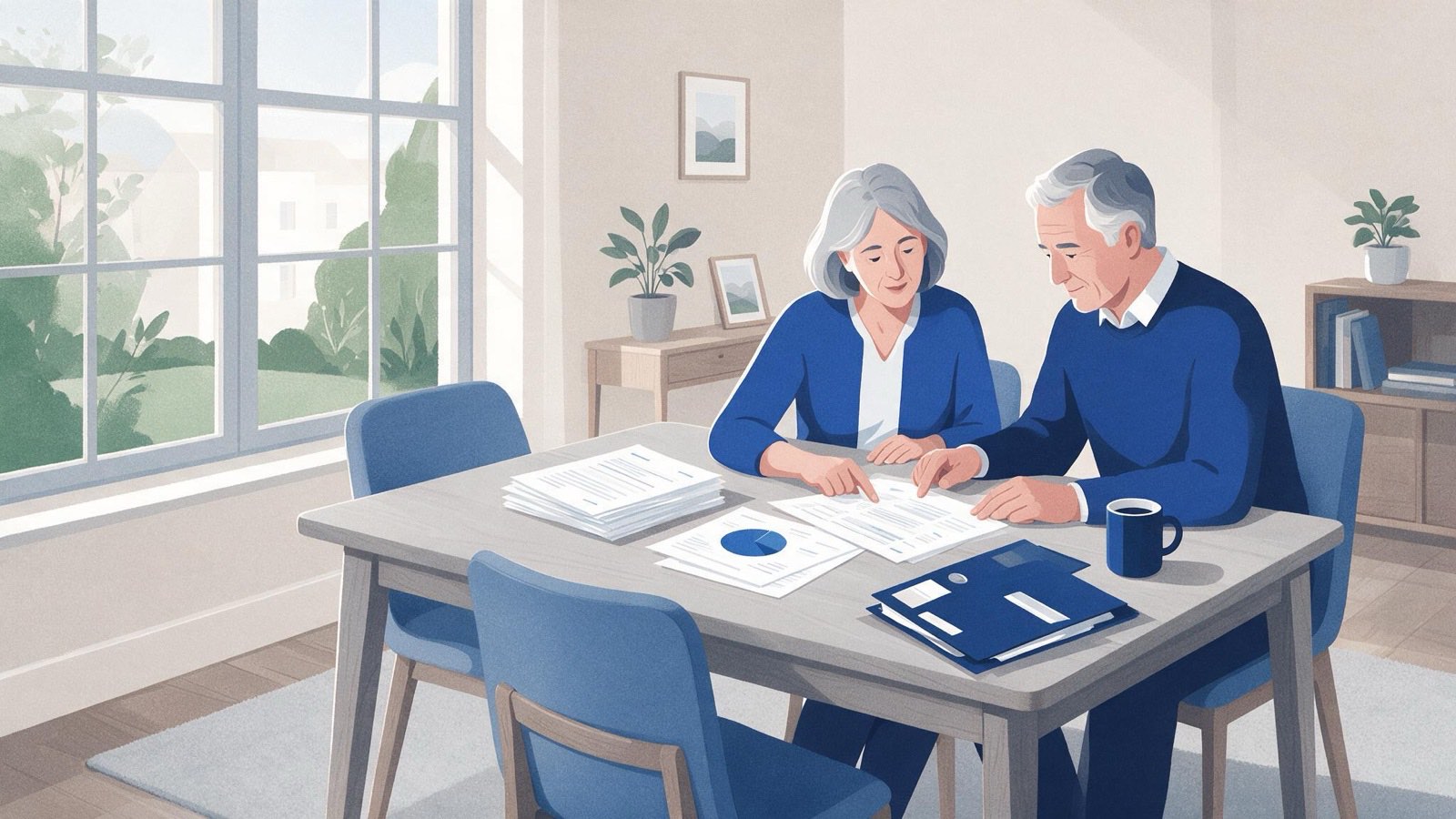 Ilustración editorial en tintas planas de una persona de 58 años revisando su vida laboral y un calendario junto a una calculadora, en tonos azules