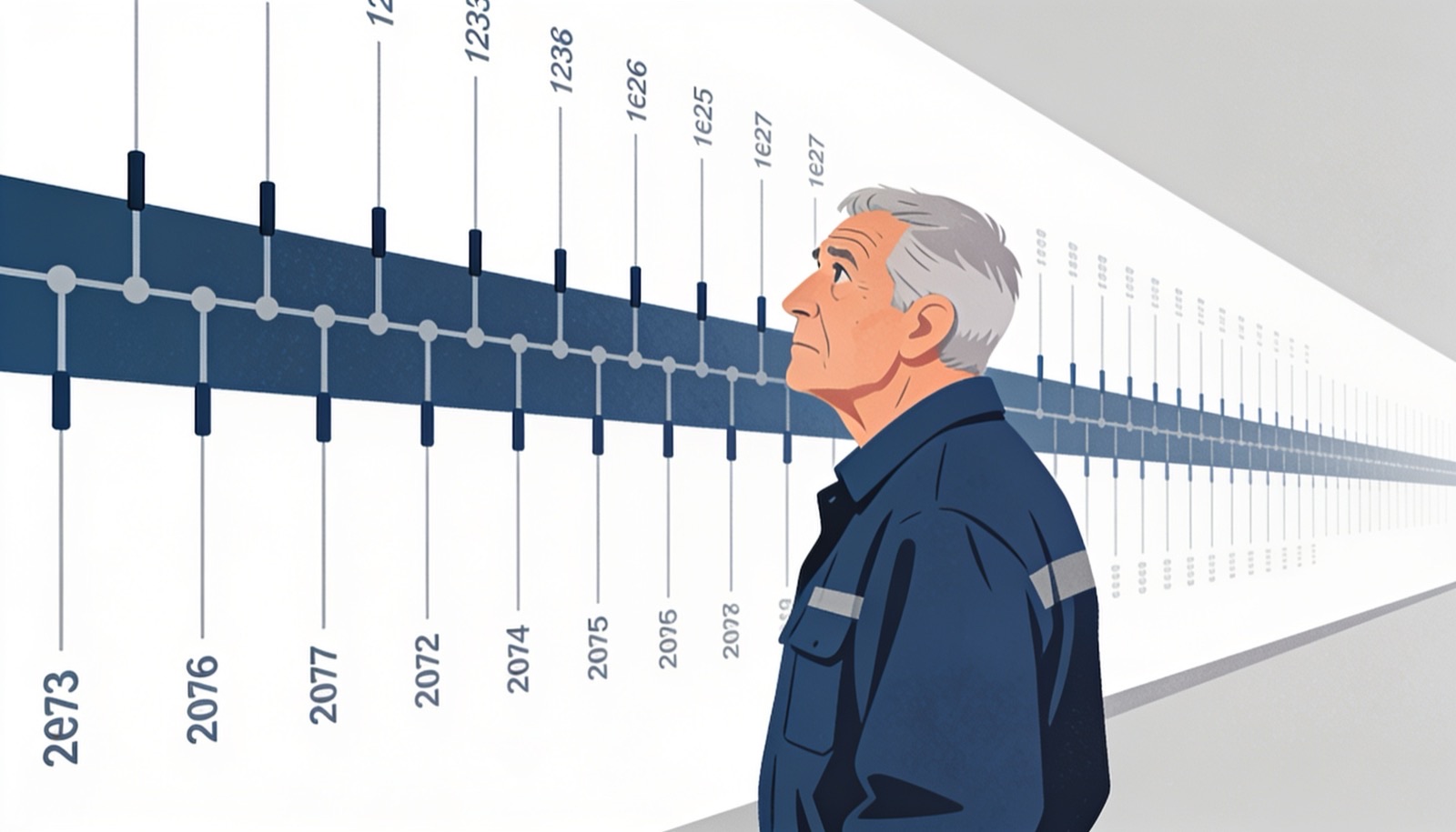 Ilustración editorial en tintas planas relacionada con Cuántos años hay que cotizar para jubilarse: tabla completa 2026
