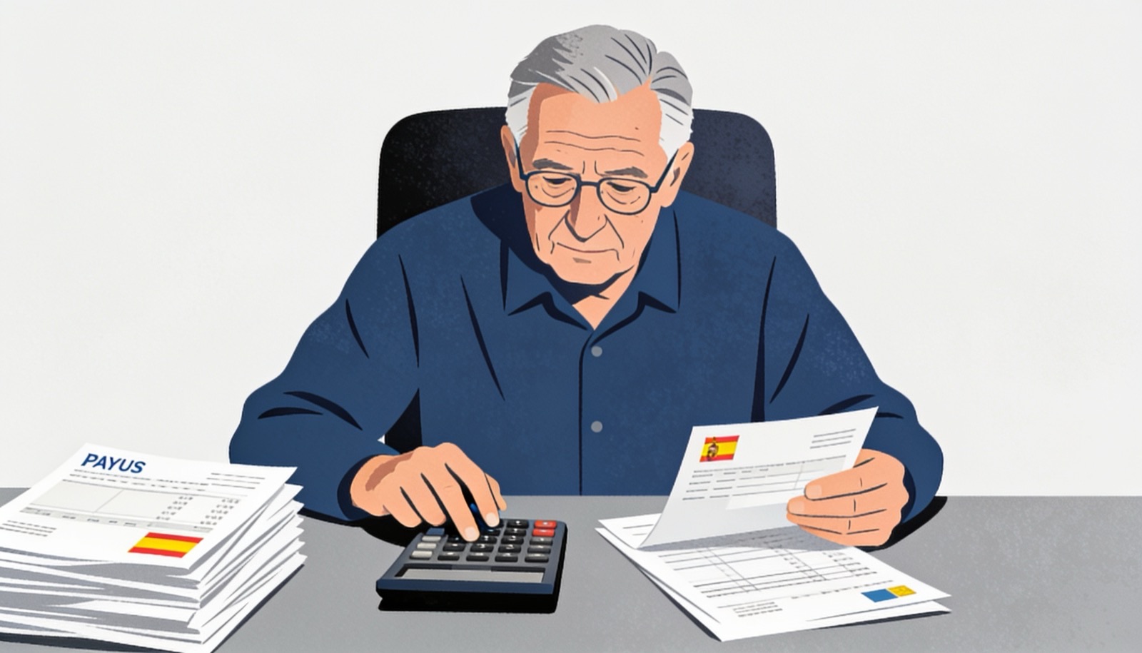 Ilustración editorial en tintas planas de un trabajador promediando sus bases de cotización con una calculadora