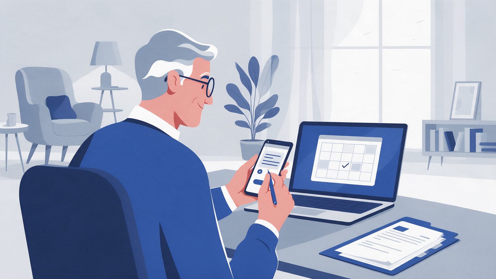 Ilustración editorial en tintas planas de una persona señalando una fecha en un calendario digital junto a un ordenador, en tonos azules, representando el trámite de la cita previa para la jubilación