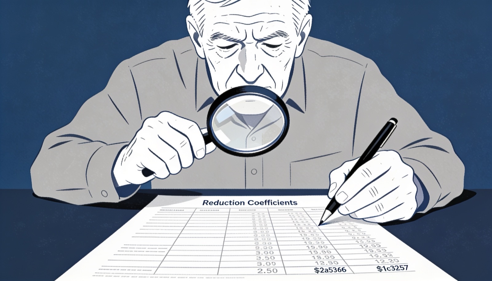 Ilustración editorial en tintas planas de una persona estudiando una tabla de coeficientes reductores con una lupa