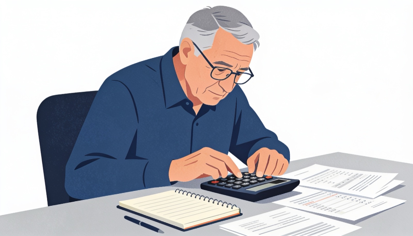 Ilustración editorial en tintas planas de un trabajador calculando su pensión paso a paso con calculadora y documentos