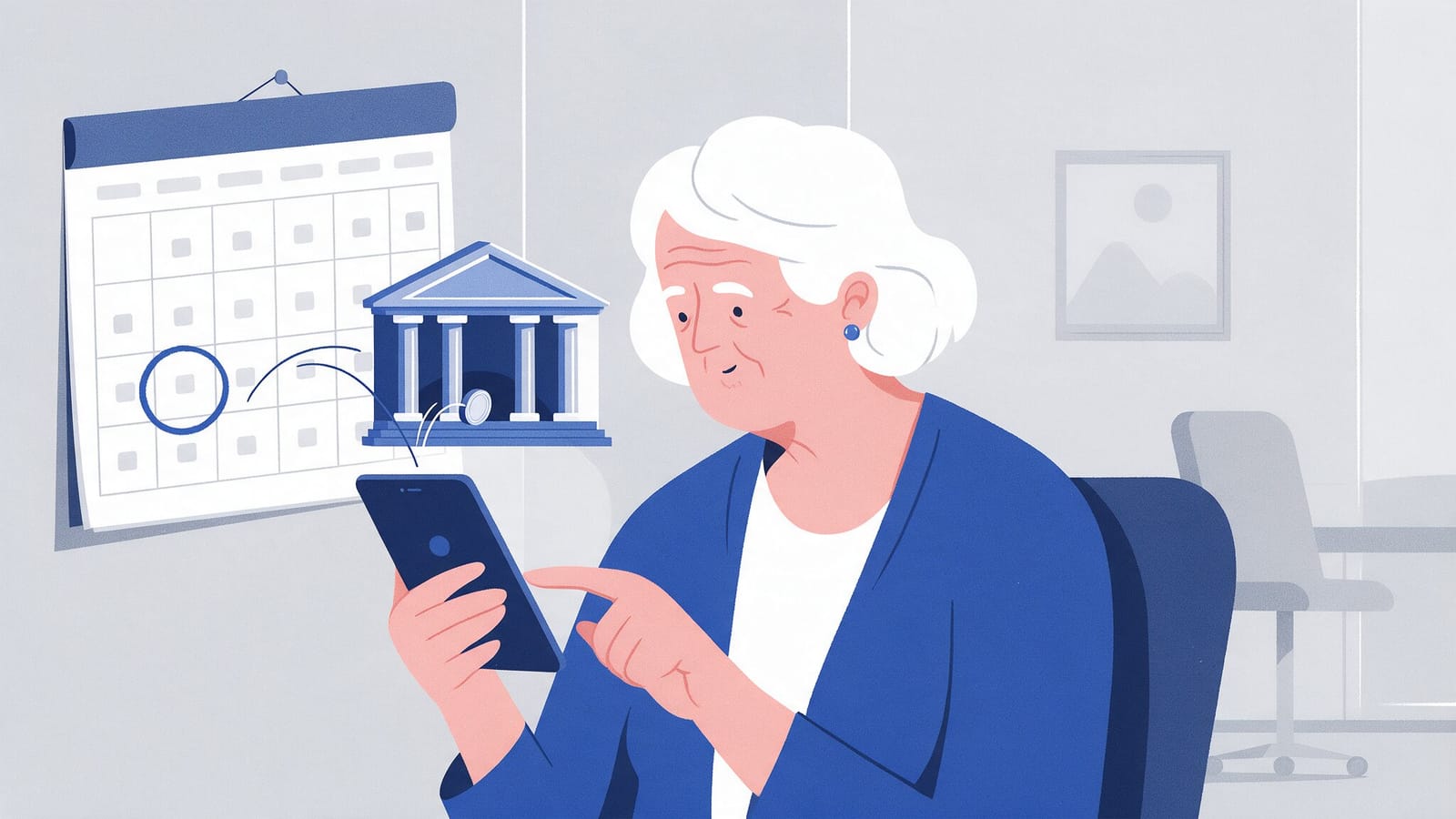 Ilustración editorial en tintas planas de un calendario de pared con una fecha señalada junto a una mano depositando una moneda, en tonos azules
