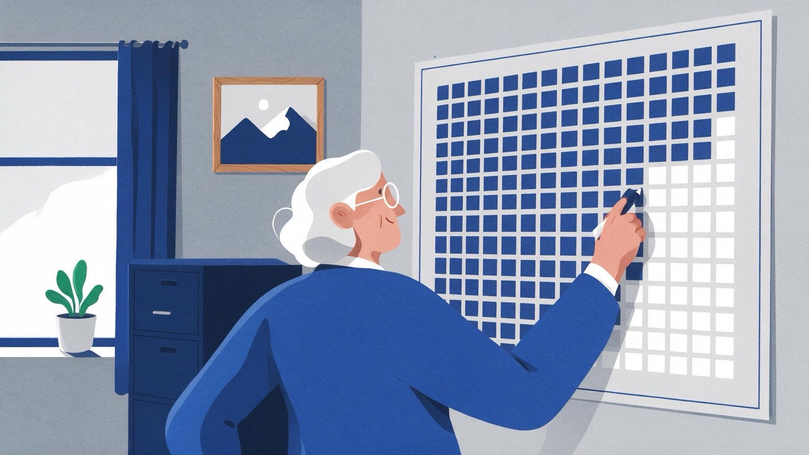Ilustración editorial en tintas planas de una persona de mediana edad revisando documentos y un calendario junto a una gráfica, relacionada con la planificación de la jubilación