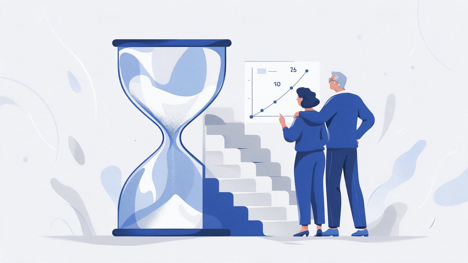Ilustración editorial en tintas planas de una pareja de sesenta y tantos años junto a un gran reloj de arena y una escalera, mirando un gráfico de años cotizados