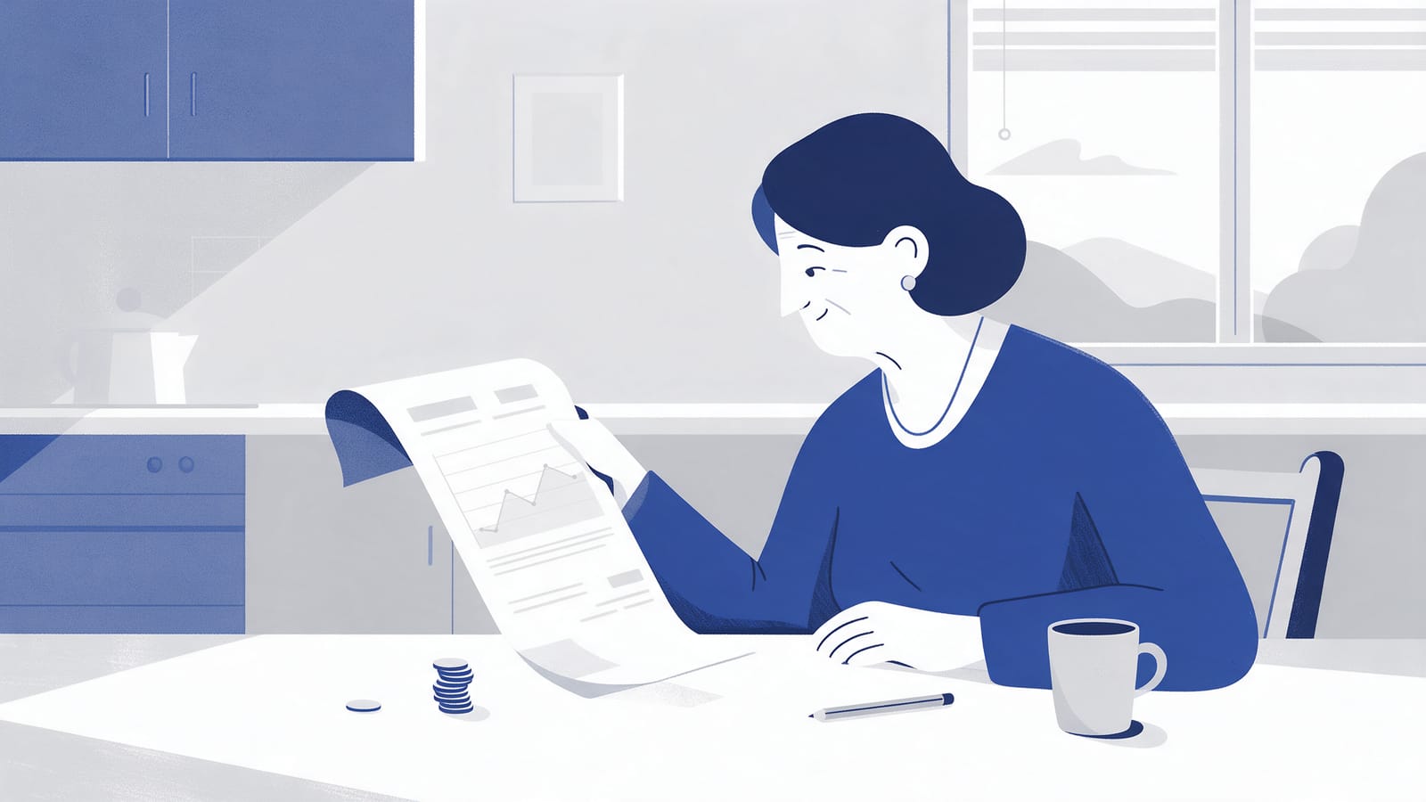 Ilustración editorial en tintas planas de una nómina de pensión sobre una mesa, con una porción del importe separada hacia un sobre fiscal