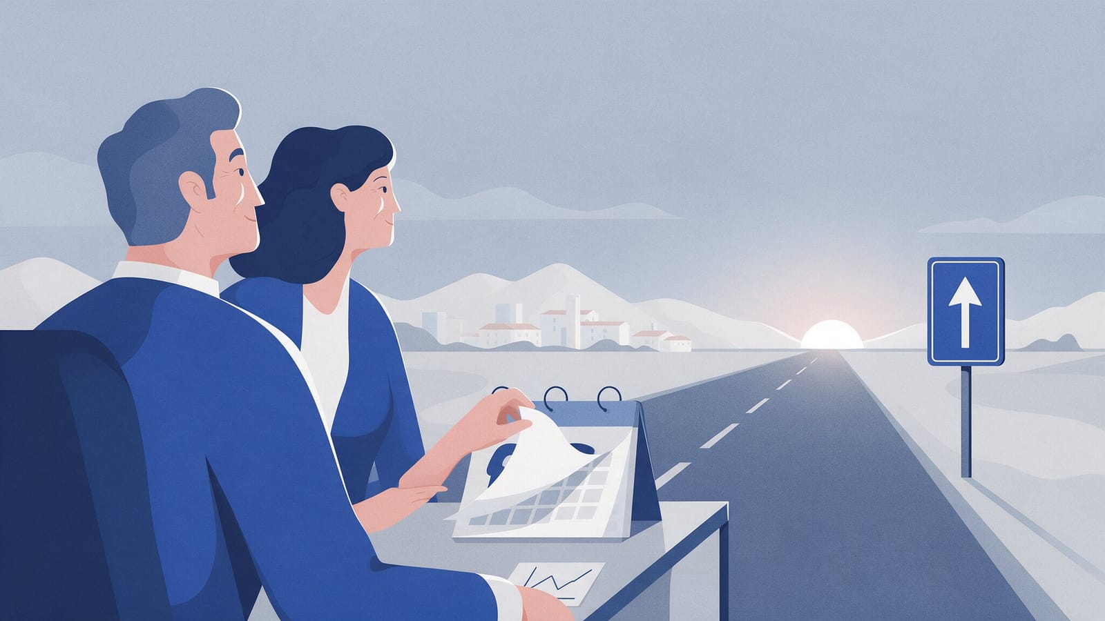 Ilustración editorial en tintas planas de una persona mirando hacia un calendario con el año 2027 y documentos oficiales