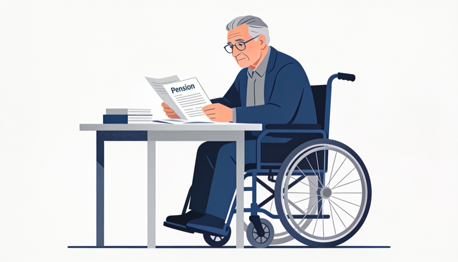 Ilustración editorial plana en tonos azules de una persona con movilidad reducida junto a un documento con marca de verificación