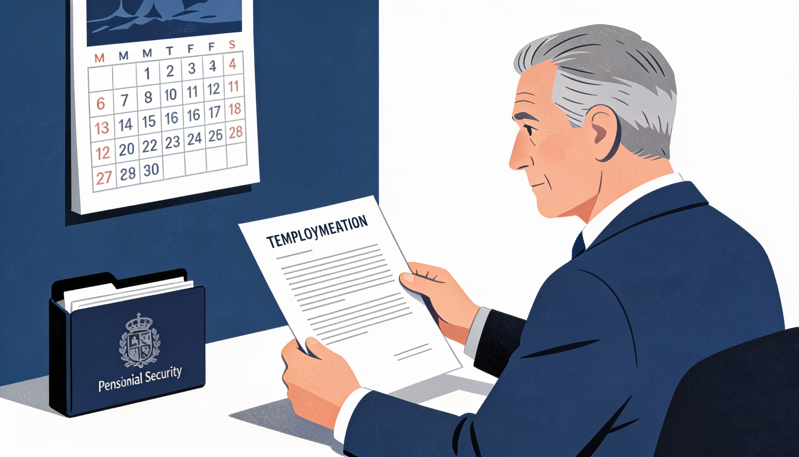 Ilustración editorial plana en tonos azules de un trabajador ante una carta de despido y un calendario de jubilación