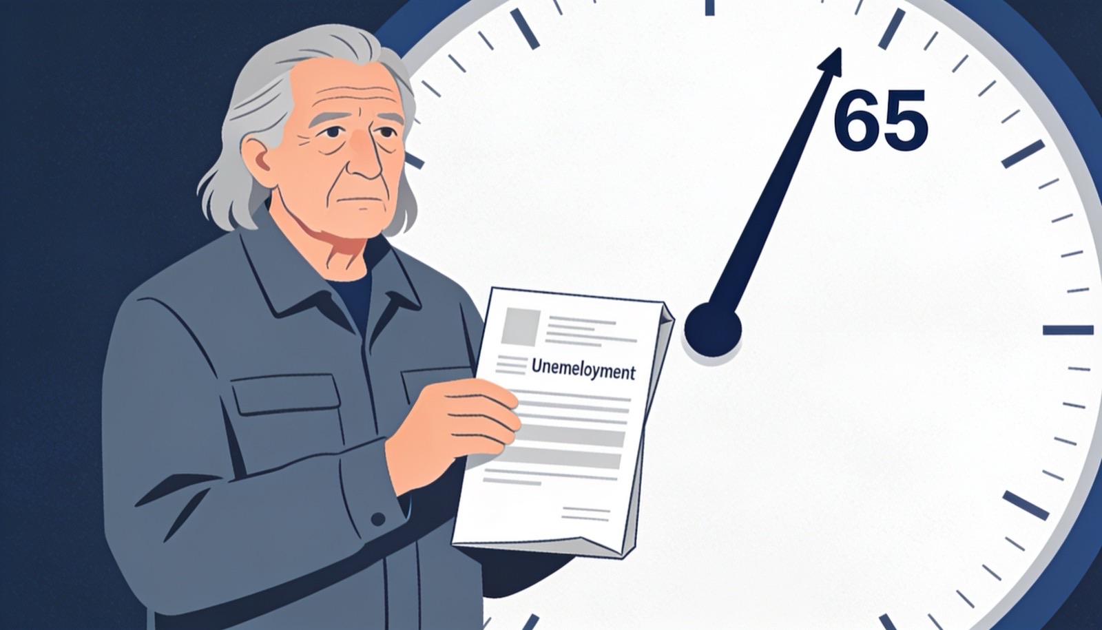 Ilustración editorial en tintas planas de una persona de mediana edad sentada frente a una oficina de empleo, con un calendario y un reloj de arena de fondo, representando la espera entre el paro y la jubilación anticipada