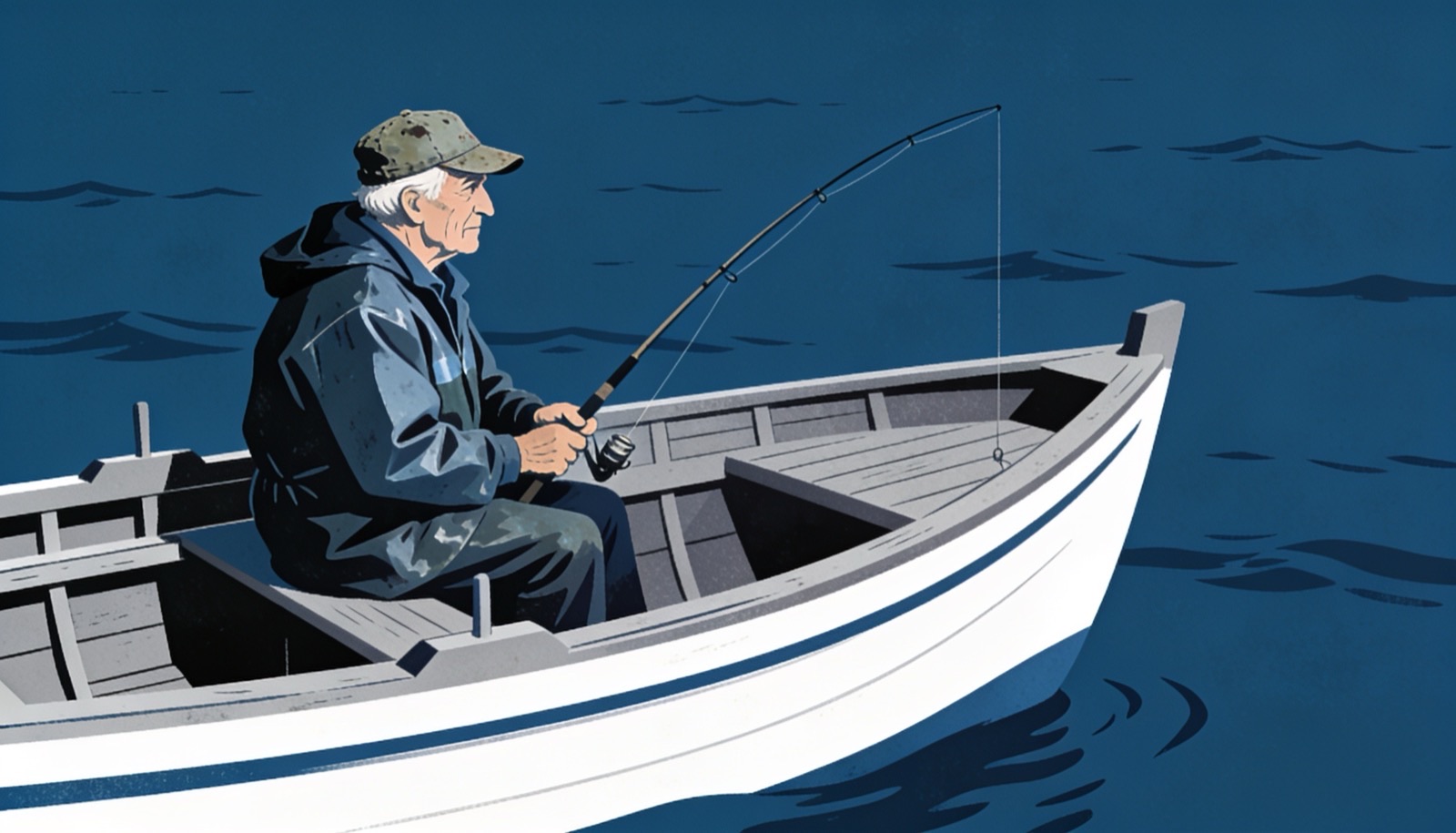 Ilustración editorial en tintas planas y tonos azules de un marinero en la cubierta de un buque pesquero frente al horizonte marino