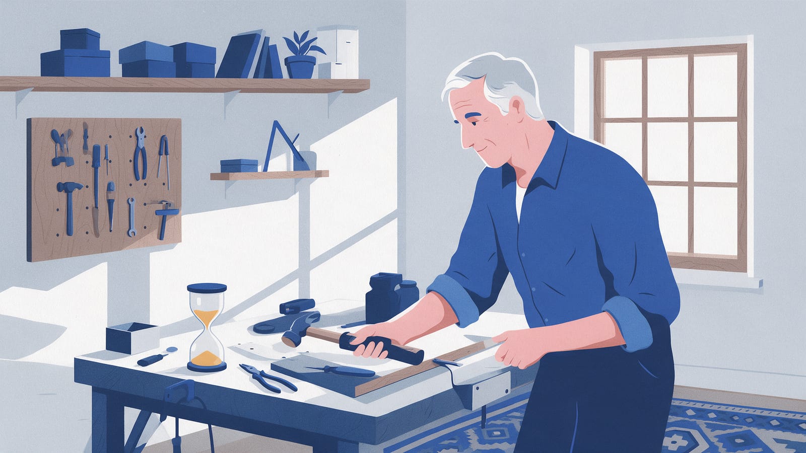 Ilustración editorial en tintas planas de un hombre de unos sesenta y cinco años trabajando unas horas en su taller, con un reloj de arena a medio vaciar sobre el banco