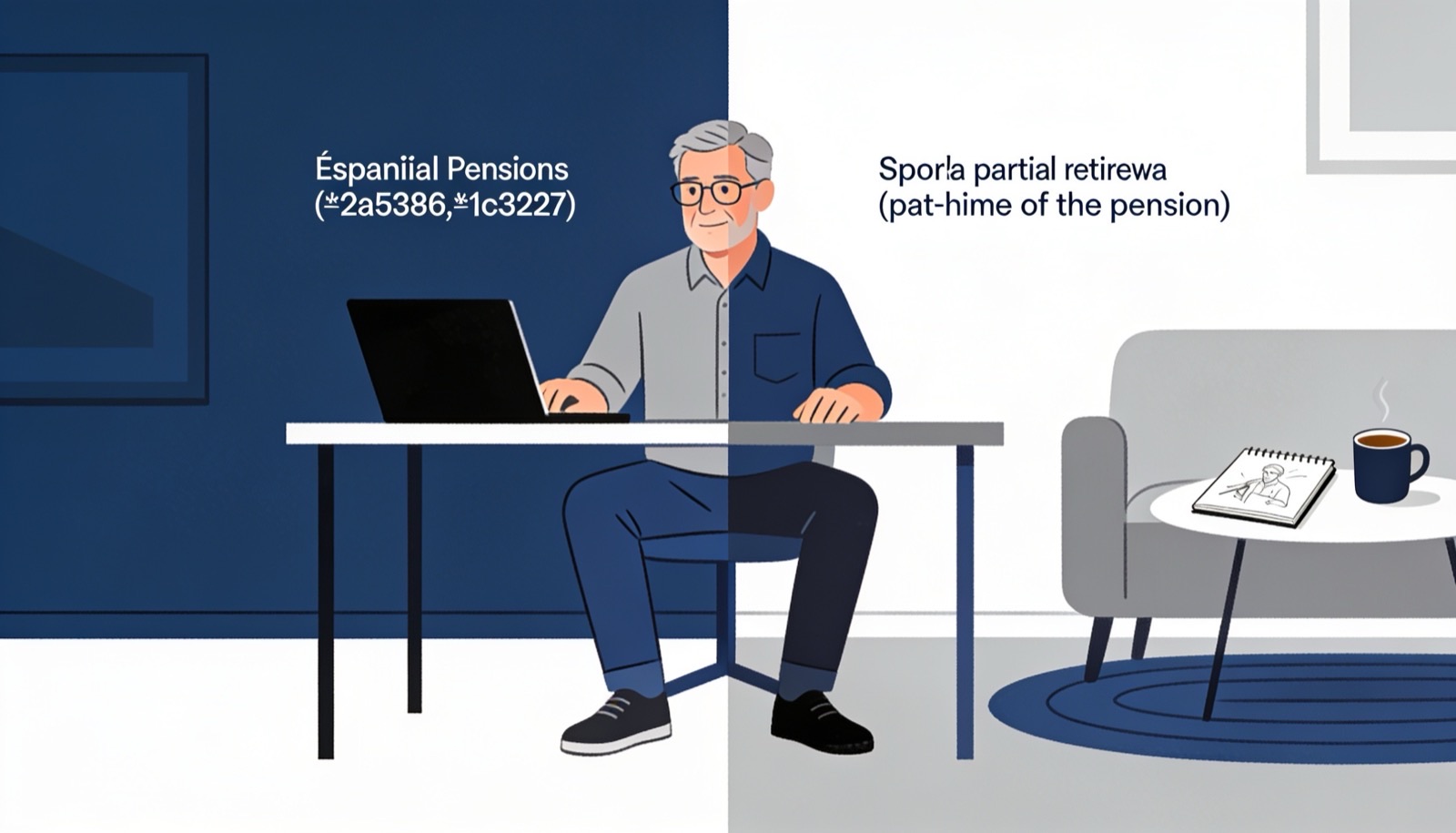 Ilustración editorial en tintas planas y tonos azules de dos personas trabajando juntas en un taller, representando el relevo generacional de la jubilación parcial