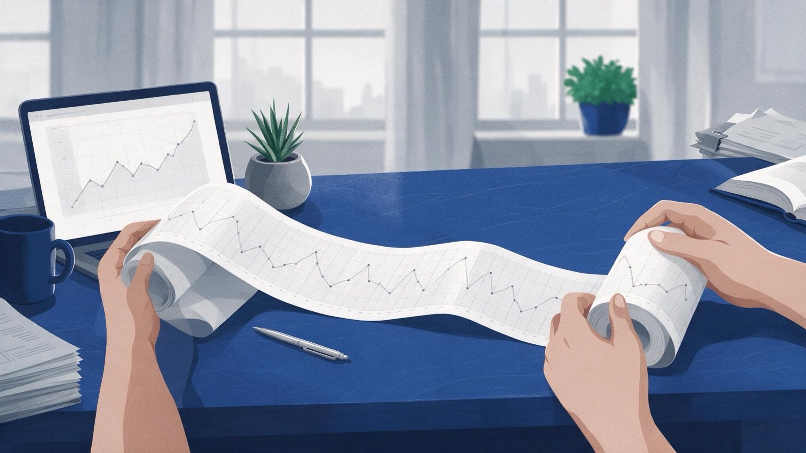 Ilustración editorial en tintas planas de una persona de mediana edad revisando documentos junto a un calendario y una tabla de cifras, relacionada con la jubilación anticipada