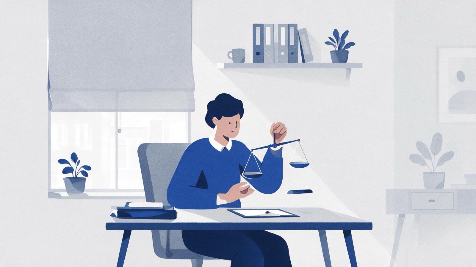 Ilustración editorial en tintas planas de una persona de mediana edad observando un calendario y una gráfica ascendente, relacionada con el anticipo de la jubilación
