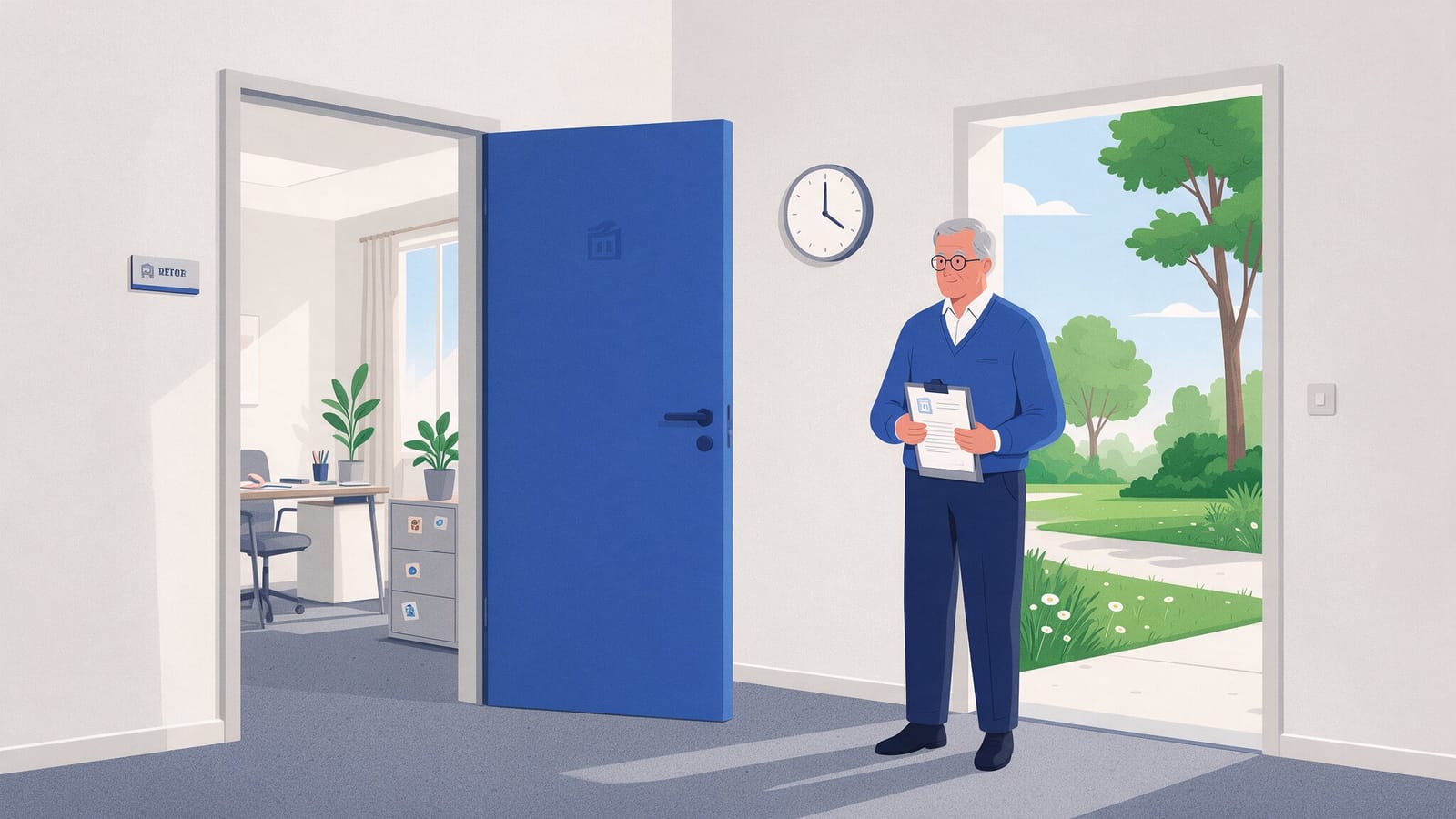 Ilustración editorial en tintas planas de una persona de 65 años consultando su vida laboral junto a un calendario y una calculadora, en tonos azules