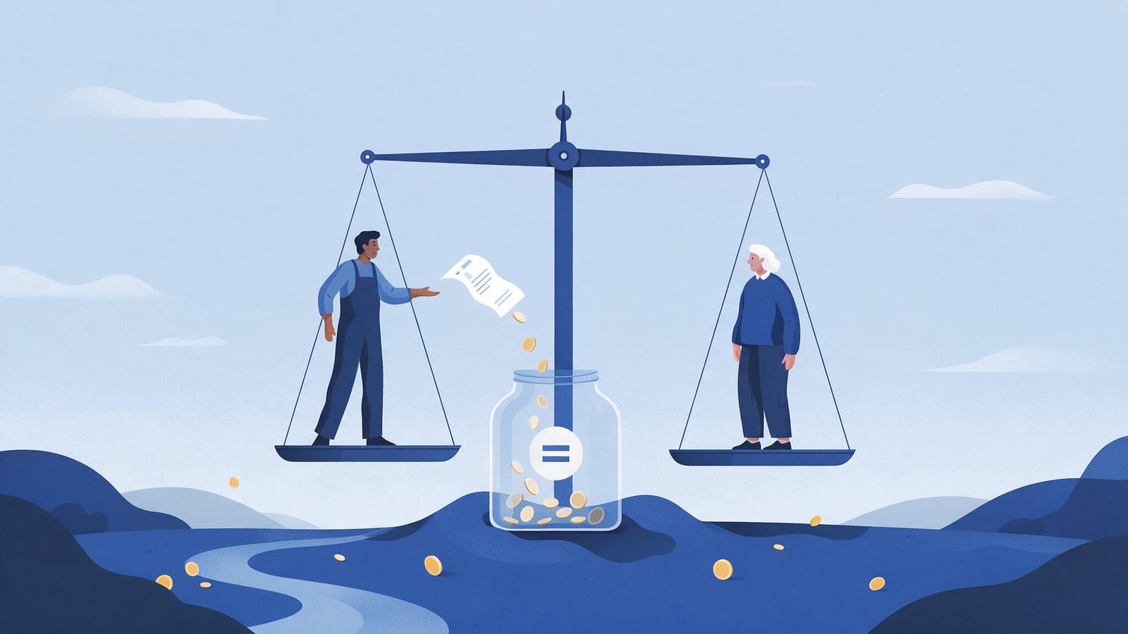 Ilustración editorial en tintas planas de una balanza con un trabajador joven en un platillo y una persona jubilada en el otro, y un bote común que recibe monedas
