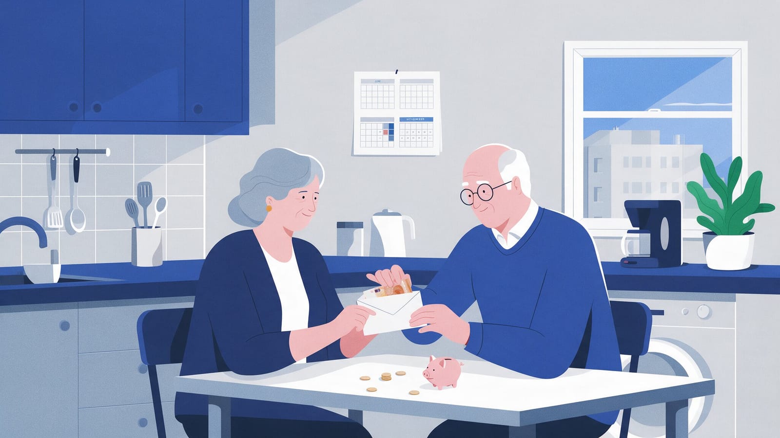 Ilustración editorial en tintas planas de una pareja jubilada abriendo en la mesa de la cocina el sobre de la paga extra, con un calendario de pared, monedas y una hucha