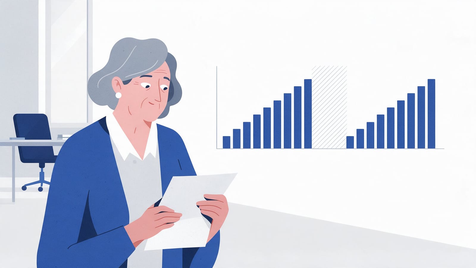 Ilustración editorial en tintas planas de una persona de mediana edad revisando documentos con cifras y un calendario, en tonos azules