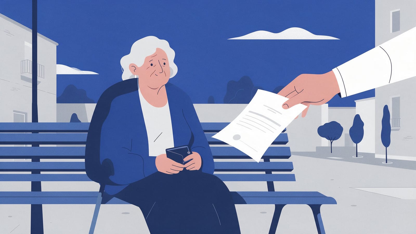 Ilustración editorial en tintas planas de una persona mayor sentada ante una mesa con documentos y una hucha, en tonos azules sobrios