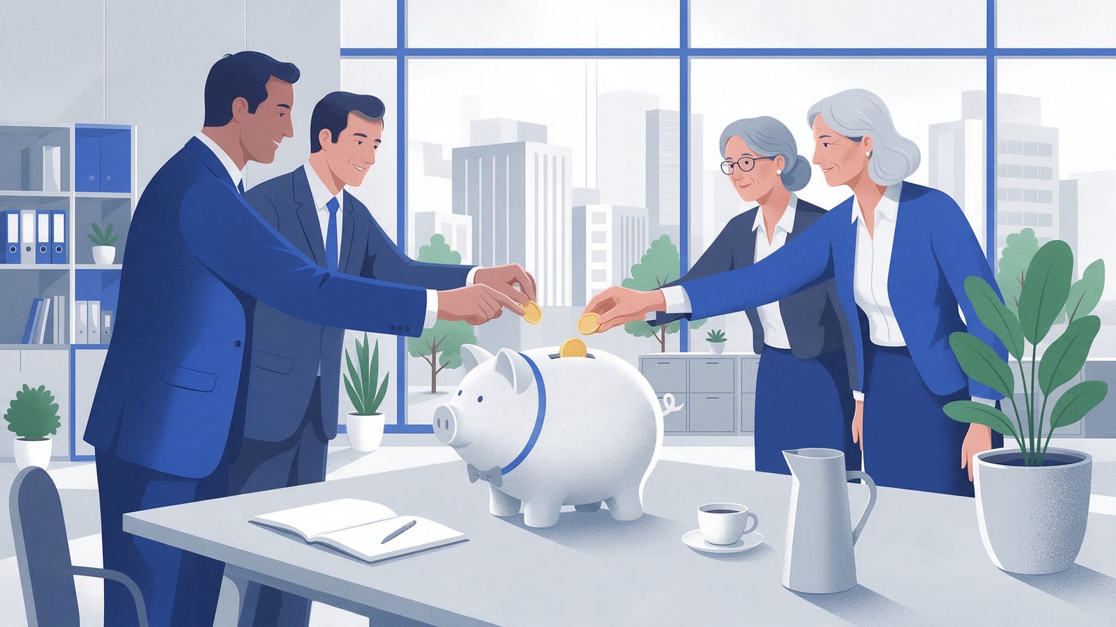 Ilustración editorial plana en tonos azules de un grupo de trabajadores junto a un edificio de oficinas y una hucha común que recibe aportaciones