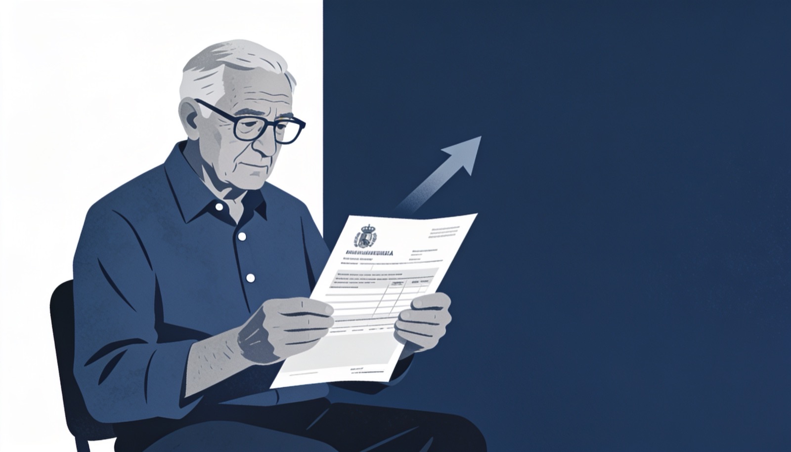 Ilustración editorial en tintas planas y tonos azules de una persona revisando un calendario junto a una gráfica ascendente, sobre la reforma de pensiones y los años cotizados