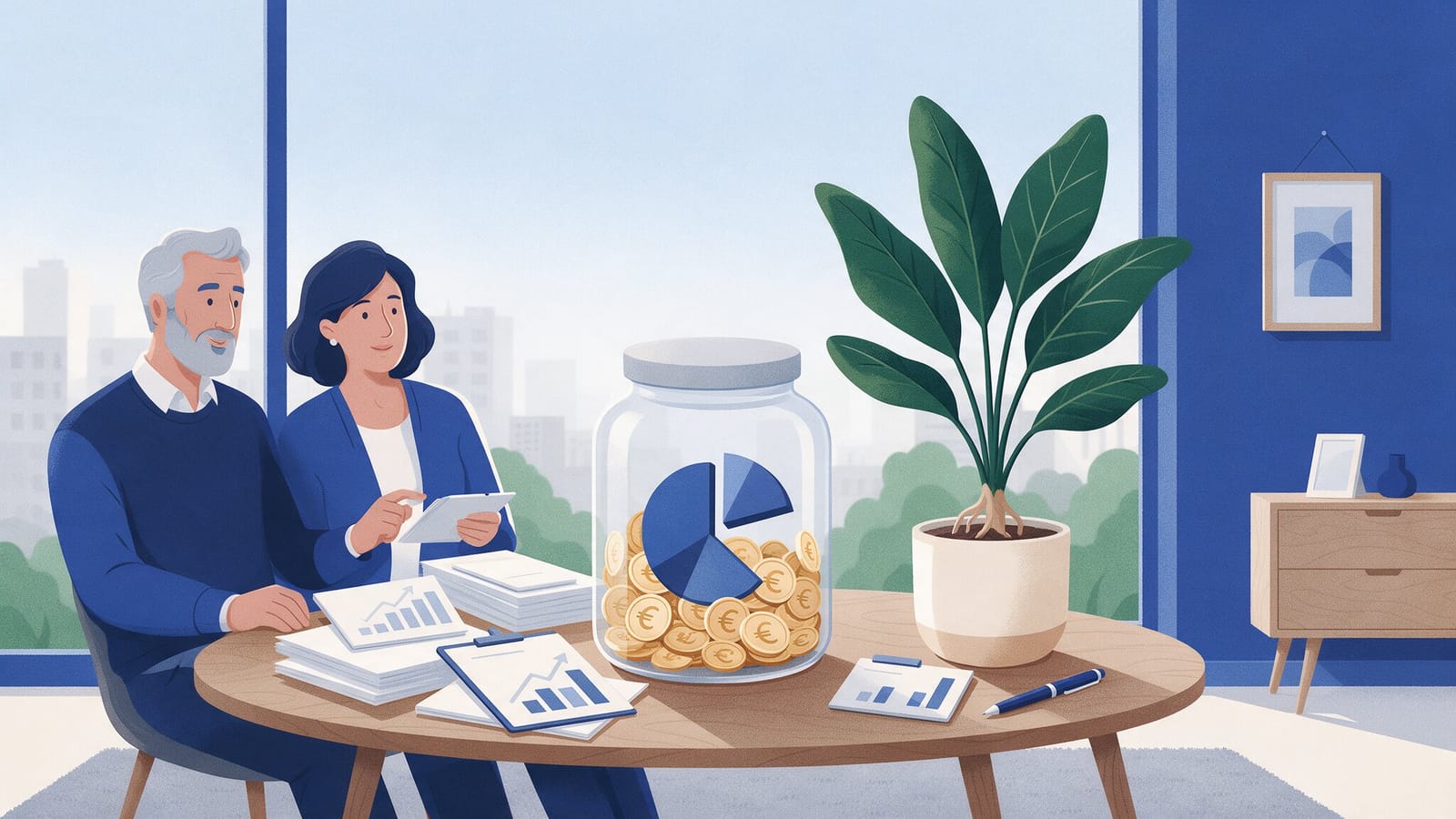 Ilustración editorial en tintas planas de una persona junto a una hucha y un gráfico circular dividido en porciones, símbolo del capital y la tasa de retiro anual, en tonos azules