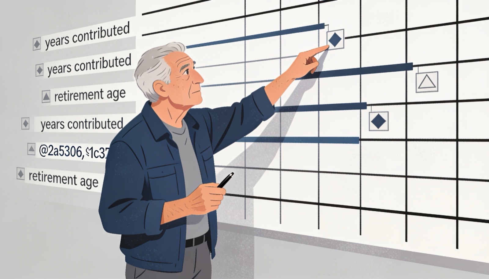 Ilustración editorial en tintas planas de una persona consultando una tabla de años cotizados y edad de jubilación